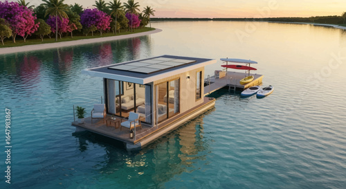 Serene Floating Home with Solar Panels on Tranquil Water at Sunset