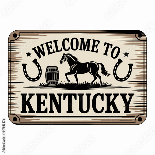 Vintage Welcome to Kentucky Sign with Horse, Barrel, and Horseshoes