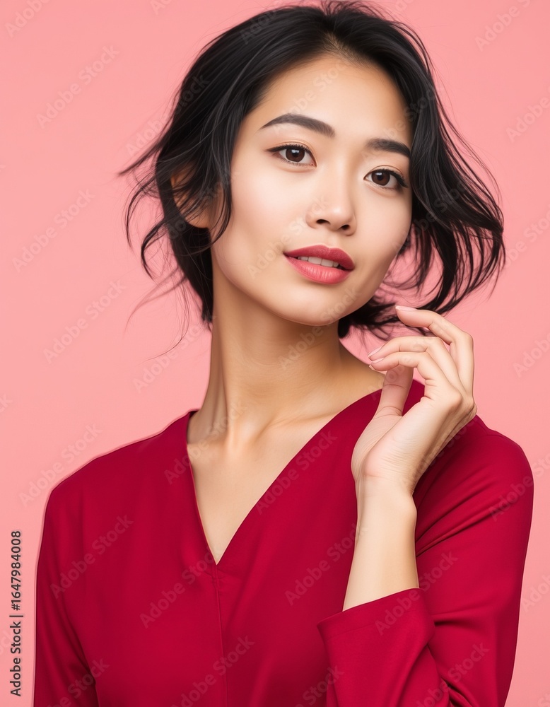 Portrait of a young asian woman with short dark hair in a red dress on a pink background Portrait of a young asian woman with short dark hair in a red dress on a pink background