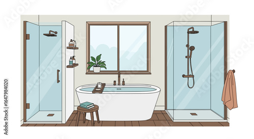 Stylized bathroom interior with a soaking tub and enclosed glass shower stalls