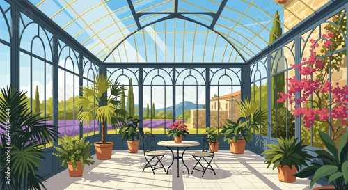 Botanical Sanctuary: A Tranquil Sunlit Conservatory with Flowering Flora