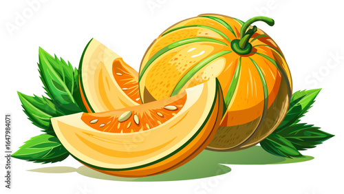 Fresh cantaloupe rests gracefully, its sliced piece revealing juicy orange flesh glistening in gentle light, accompanied by vibrant green leaves, all set against a pure white background with balanced 