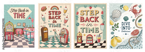 Vintage diner-themed illustrations featuring retro jukeboxes, milkshakes, and inviting pastel colors.