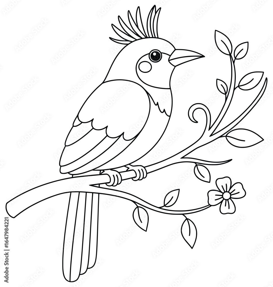 Fototapeta premium Cartoon bird perched on a decorative branch with a single flower and leaves, illustrated in black and white line art style. Ideal for coloring pages, kids’ activities, and creative projects