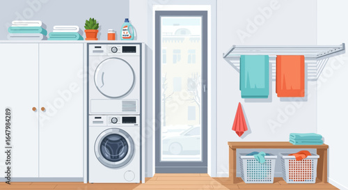 Inviting laundry room with stacked washer dryer and organized storage solutions