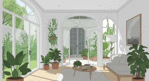 Elegant sunroom filled with lush greenery, sunlight streaming through glass doors and windows