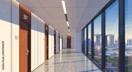 Contemporary hotel hallway with city skyline vista showcasing room entrances