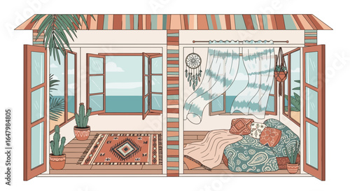 Bohemian Coastal Retreat: A Serene Interior View of Two Styled Rooms