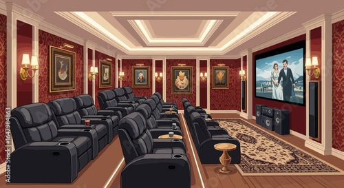 Opulent private cinema with plush seating and elegant decor providing comfort
