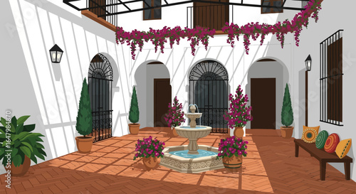 Illustration of a spanish courtyard with a water fountain and bougainvillea vines