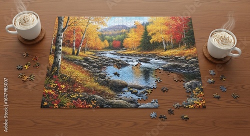 Vibrant Autumn River Landscape Jigsaw Puzzle Partially Assembled on Wooden Table with Cozy Steaming Mugs