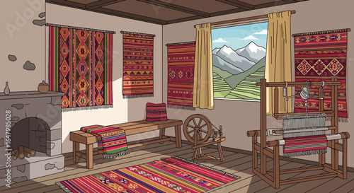 Rustic Weaving Room with Loom and Mountain View, Carpets Decorate the Wall