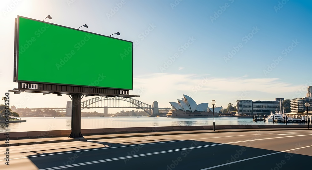 Obraz premium A blank green screen billboard for advertising stands by a road with the Sydney, Australia skyline, including the Opera House and Harbour Bridge, in the background.