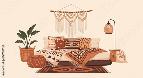 Serene boho bedroom scene with macrame wall hanging and patterned textiles