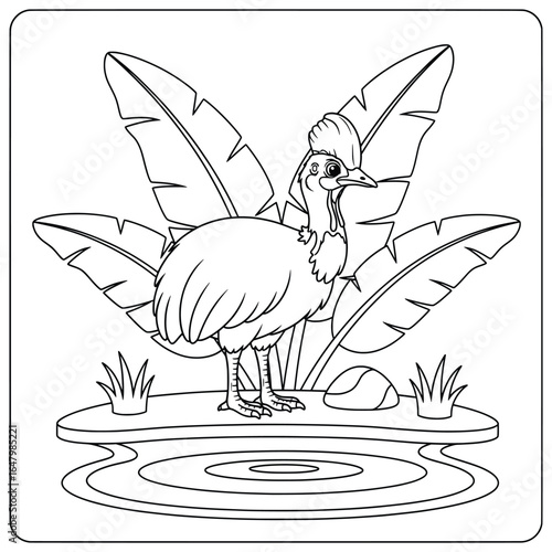 Cartoon-style guinea fowl standing beside a pond with large tropical leaves in the background. Black and white line art illustration perfect for kids’ coloring pages, printable educational sheets