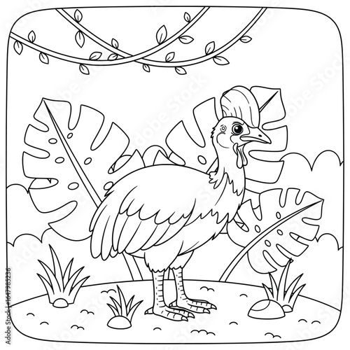 Cartoon-style guinea fowl standing on the ground in a tropical jungle with large leaves and hanging vines. Black and white line art illustration perfect for kids’ coloring books