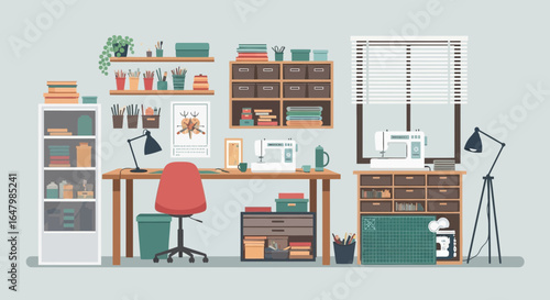 Delightful and organized sewing room equipped with sewing machines and ample storage