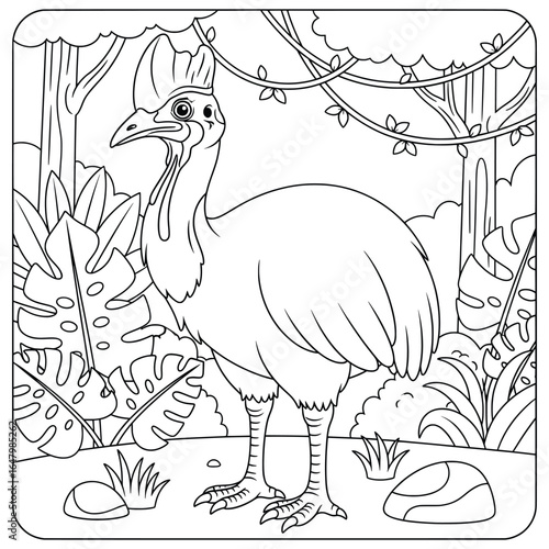 Cartoon-style guinea fowl standing in a lush jungle surrounded by tropical leaves and trees. Black and white line art illustration for kids’ coloring books, printable educational sheets