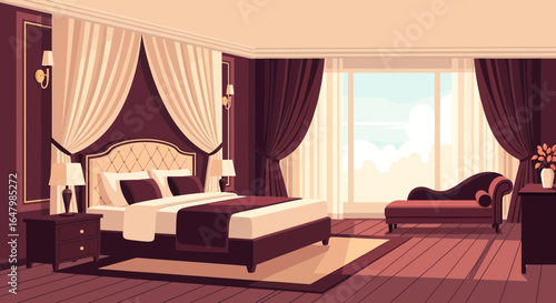 Elegant bedroom interior with a luxurious bed, lounge chair and scenic view