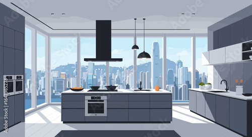 Modern kitchen with gray cabinetry and skyline view bathed in natural light