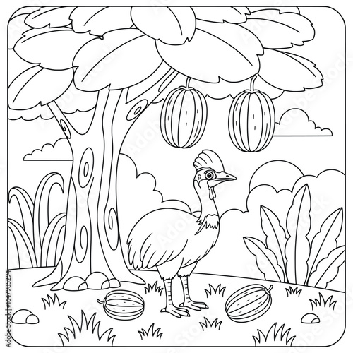 Cartoon-style guinea fowl standing under a tree with hanging fruits in a jungle scene. Black and white line art illustration perfect for kids’ coloring books, educational activities, and printable art