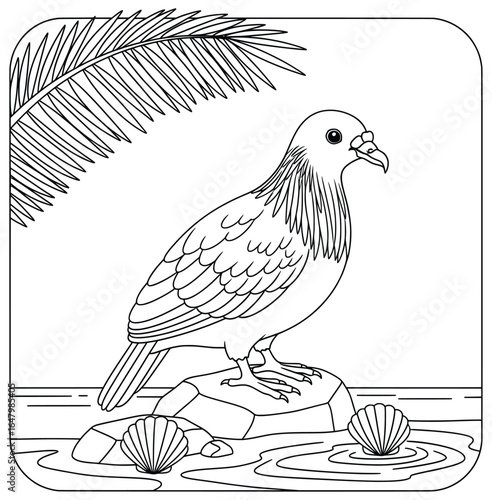 Cartoon-style pigeon standing on a rock near water with seashells and a palm leaf. Black and white line art illustration perfect for kids’ coloring books, educational activities