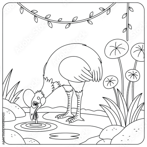 Cute guinea fowl drinking water from a small pond surrounded by plants and stones in a jungle scene. Black and white cartoon-style line art perfect for kids’ coloring pages and learning activities.