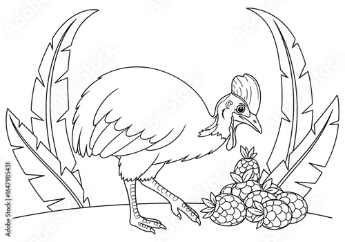 Cute guinea fowl eating berries surrounded by tropical leaves in a fun coloring page for kids. Black and white cartoon-style line art illustration perfect for children’s activity books.