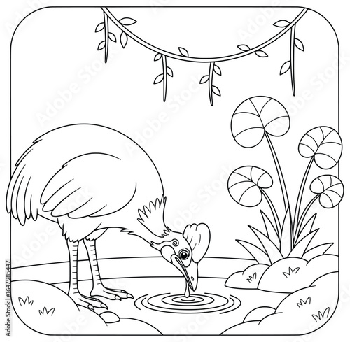 Cartoon-style guinea fowl drinking water from a pond in a natural jungle scene. Black and white line art illustration designed for kids’ coloring books, fun learning, and printable activities.