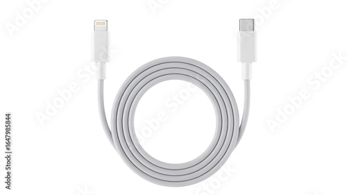 White USB- C to Lightning Charging Cable Coiled on White Background USB-C Apple cable isolated on a transparent background