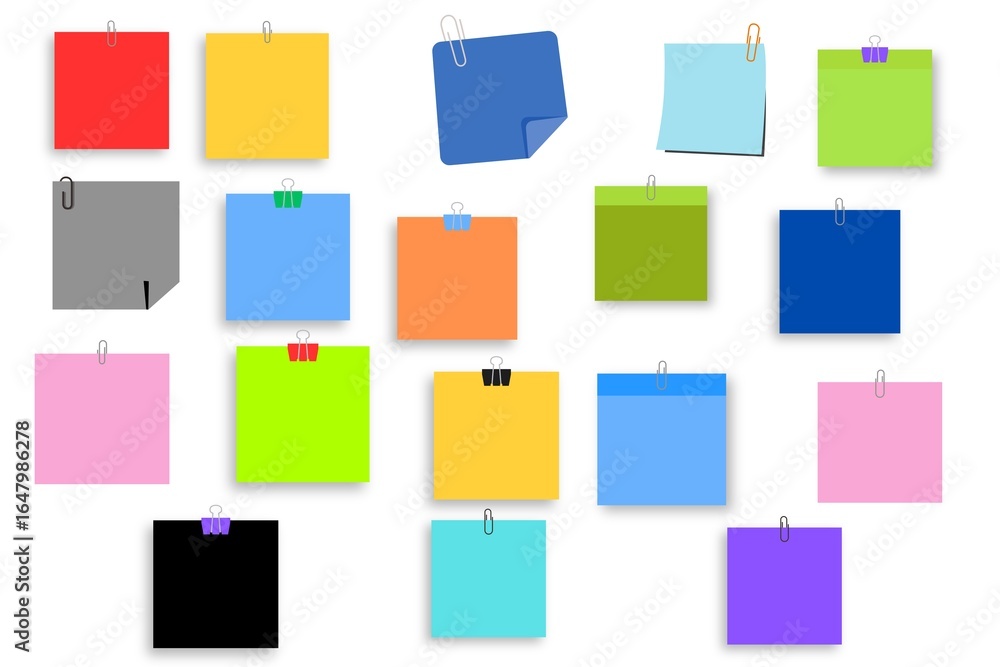 Set of colorful sticky notes icon woth file clips, Set of colorful sticky notes icon woth file clips,