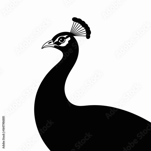 Elegant Black Peacock Silhouette on White Background