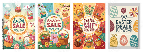 Colorful Easter sale posters featuring eggs, baskets, and floral designs, capturing the festive spirit.