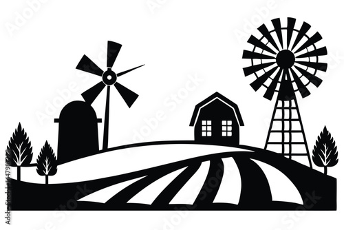 Black Silhouette of Farm Landscape with Windmills, Barn, and Field Illustration