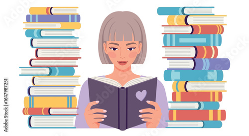 Woman reading book surrounded by stacks of books illustration