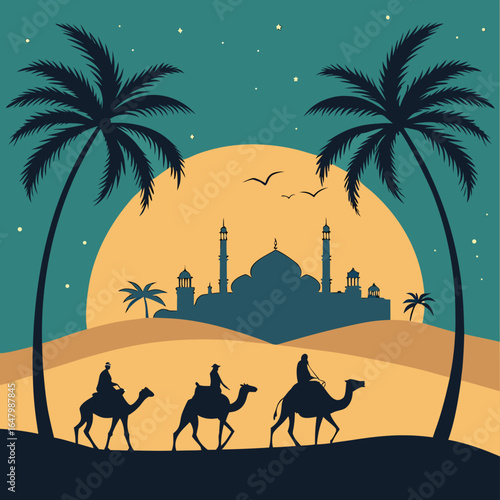 Silhouetted caravan of camels with riders travels through desert landscape at dusk with mosque and palm trees