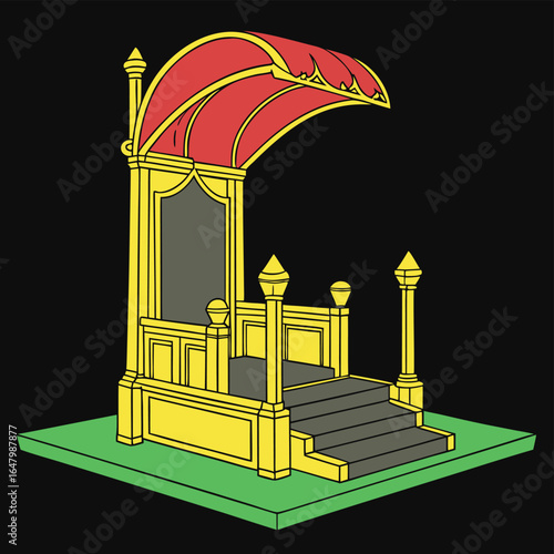 Ornate yellow throne with red canopy and grey steps on green platform royal king