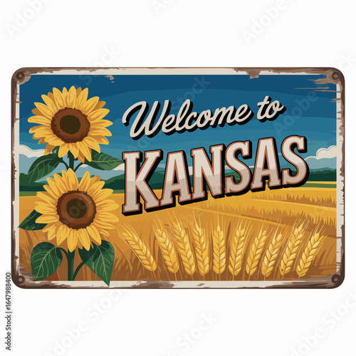 Welcome to Kansas Sign with Sunflowers and Wheat Fields