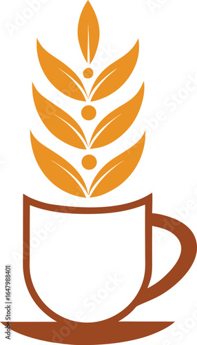 Coffee cup with wheat grain stalk isolated on white background for logo design