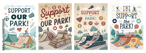 Colorful illustrations advocating for park support with various activities and symbols of community engagement.