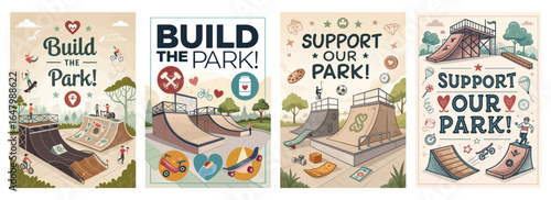 Colorful illustrations promoting park development with skate ramps and community engagement.