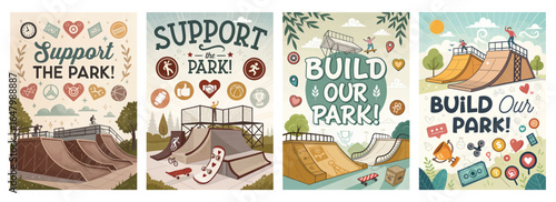 Colorful illustrations promoting community park initiatives with skateboarding themes.