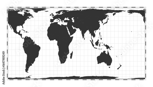Vector world map. Cylindrical equal-area projection. Plain world geographical map with latitude and longitude lines. Centered to 60deg W longitude. Vector illustration.