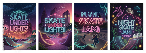 Colorful neon skate park graphics showcasing vibrant night scenes of skating activities.