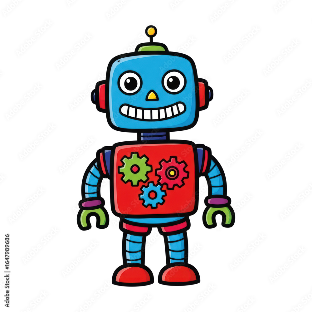 Obraz premium Colorful cartoon robot with gears and smiling face