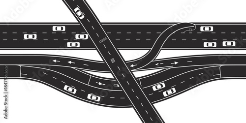 Aerial view of highway interchange with overpass, merging lanes, and traffic flow, detailed black and white vector illustration for transportation, infrastructure, and road design projects