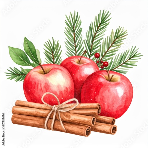 Red Apples Cinnamon Sticks with Green Fir Branches on White Background Watercolor Style