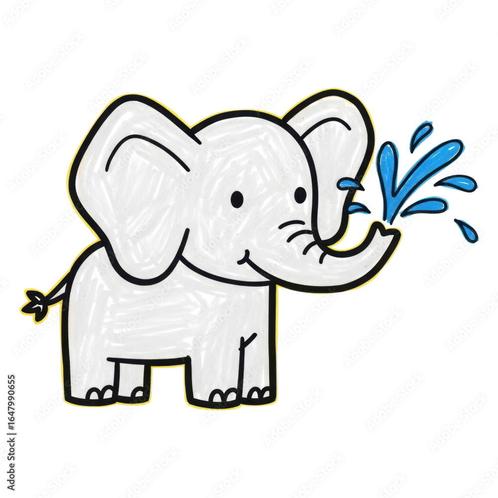 Fototapeta premium Cute cartoon elephant with blue water splash from trunk