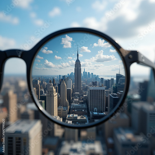 Perspective shot of a city skyline seen through glasses, with the city sharply focused inside the lenses and the background blurred, representing vision and clarity