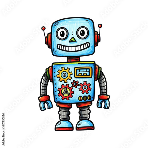 Colorful cartoon robot with gears and antennas on transparent background
